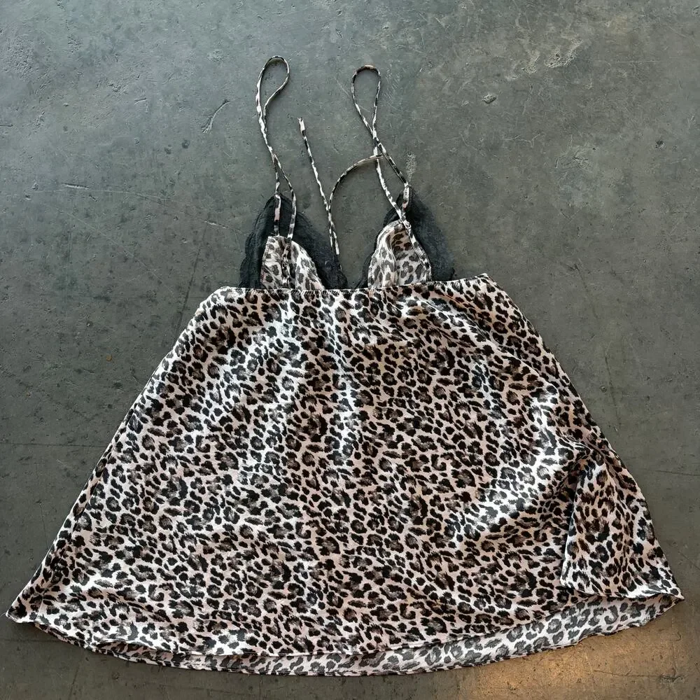 Vintage Y2k Victoria's Secret Leopard Lace Gray Cami Babydoll Tank Top Dress L - Picture 2 of 5